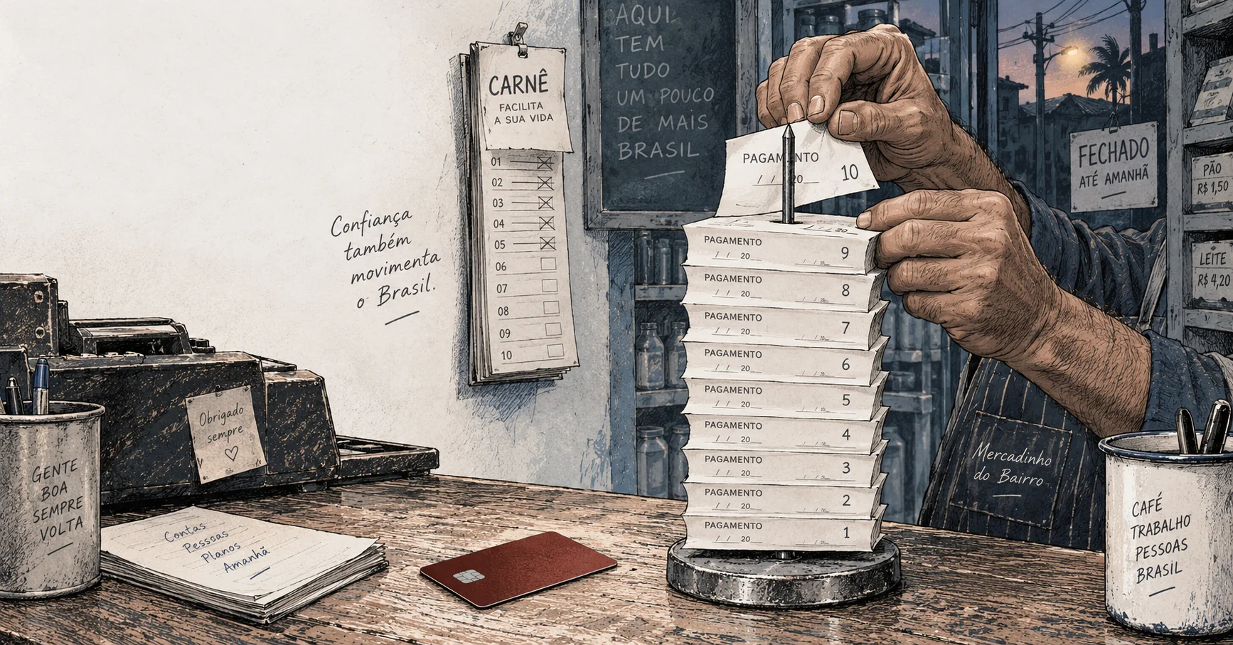Hand-inked Brazilian shop counter at closing time, where a bill spike holds ten paper instalment slips beside a single small oxblood card, with a half-used carnê booklet hanging on the wall behind and a shopkeeper’s hands pinning the next slip. A visual metaphor for a card market where the shop, not the bank, carries the credit.