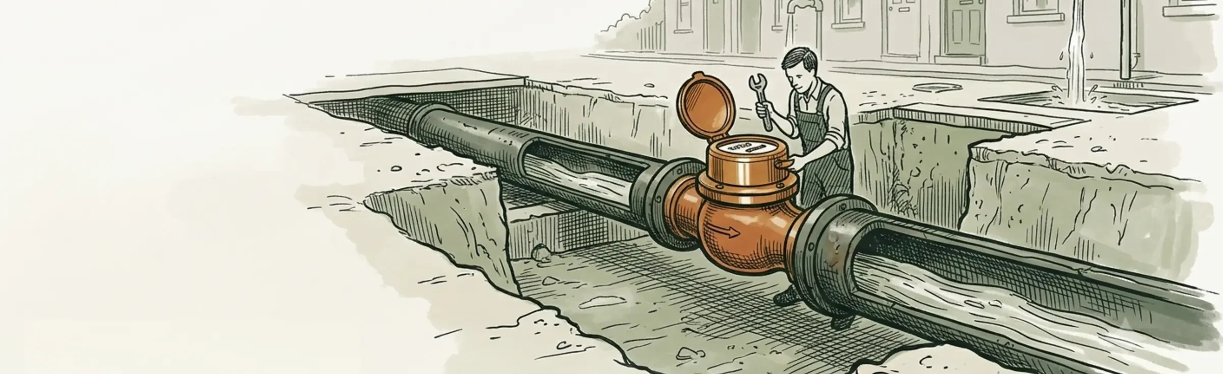 Engraved illustration: an engineer fitting a brass valve to a large pipe in an open trench beneath a terrace of houses.