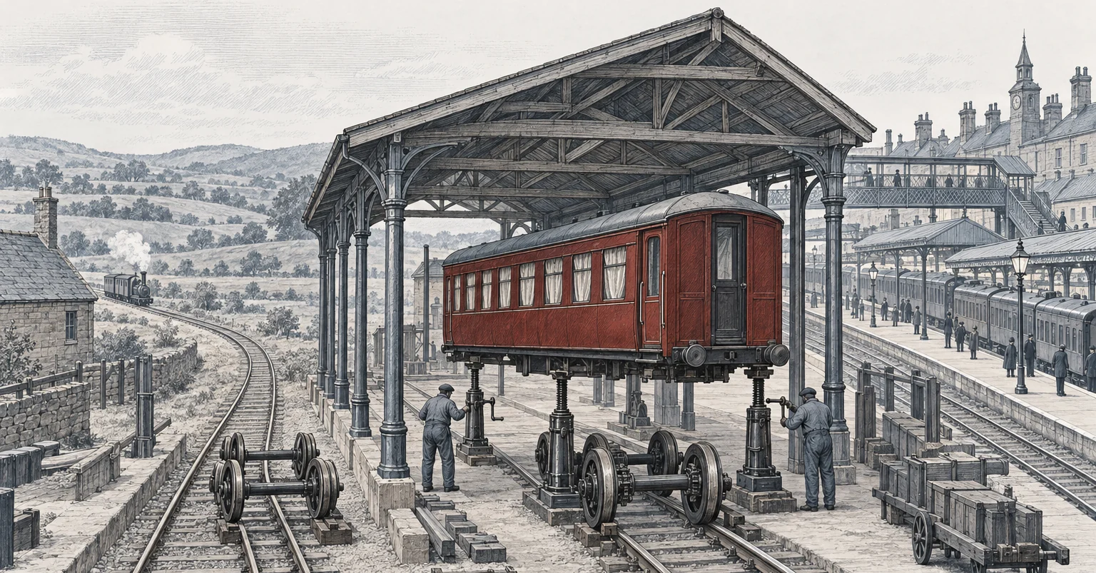 A hand-inked border station where a single oxblood railway carriage is lifted on jacks while its wheels are swapped for the next country’s track gauge, its body unchanged, with an ordinary town station waiting beyond. A visual metaphor for a foreign wallet that pays on the card network abroad while the account behind it stays the same.