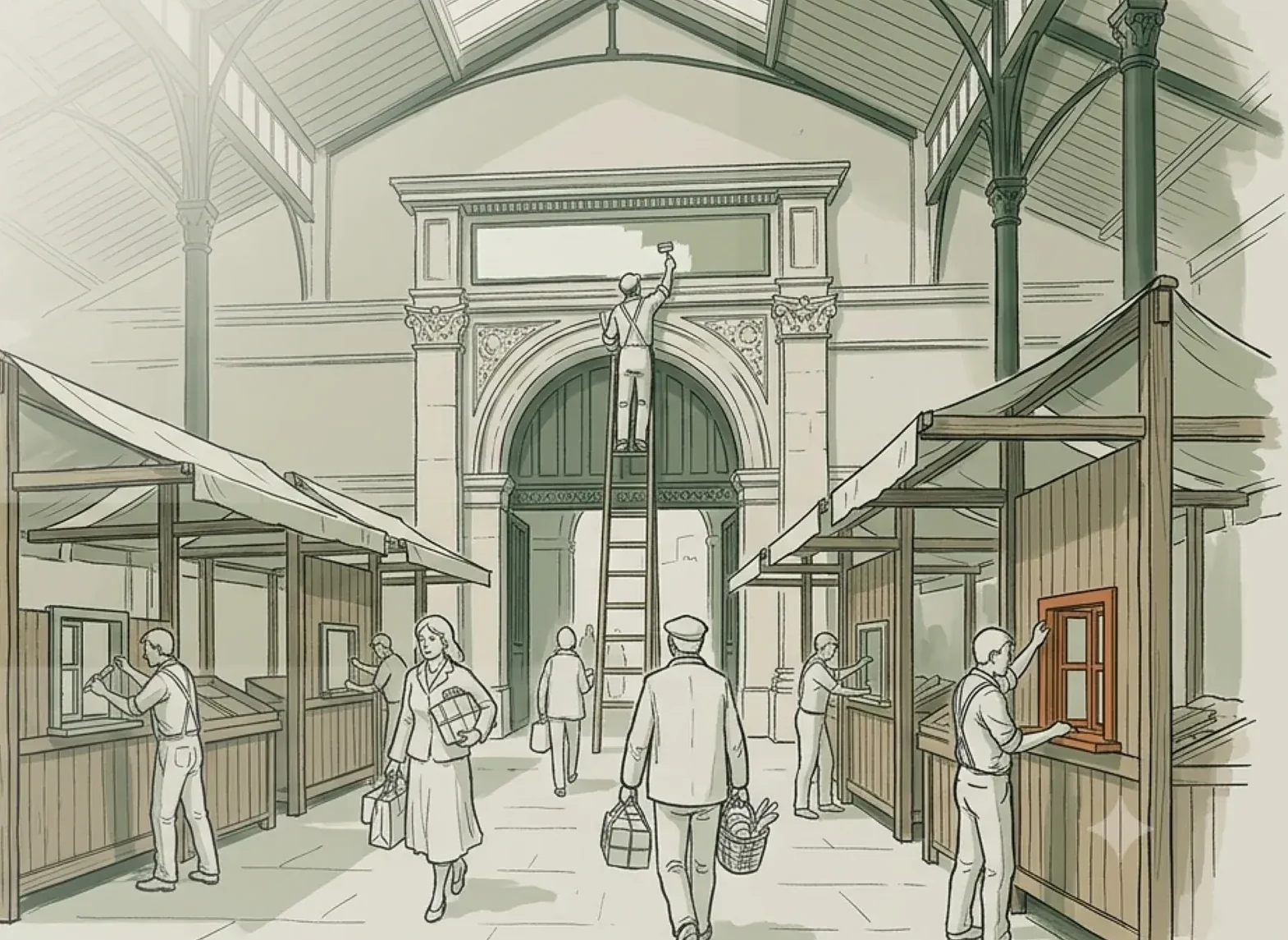 Engraved illustration: traders relettering the signage of a covered market hall while shoppers pass through.